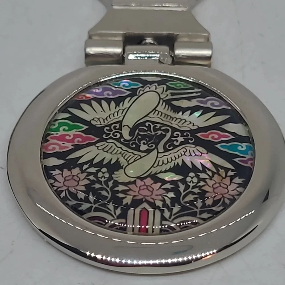 KLC Keychain Men Woman Silver Mother of Pearl Korean Crane Bird Floral Inlay Box